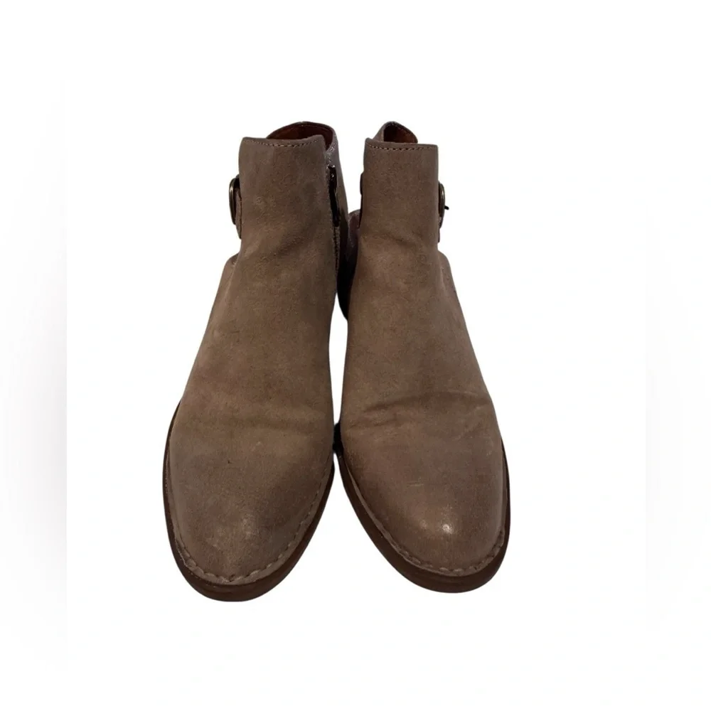 Born Margrit Women’s Sz 8 Taupe Suede Booties Open Slingback Buckle Heels Shoes